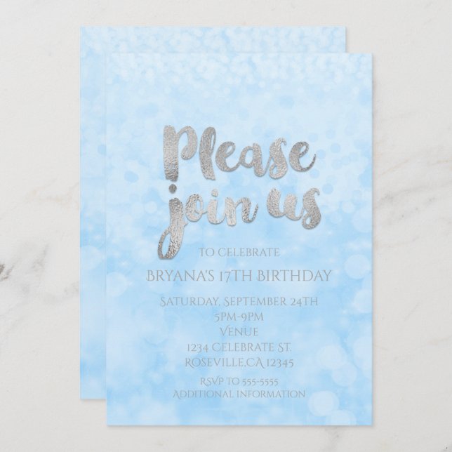 Blue & Silver Sparkle Glamour Party Invitations (Front/Back)