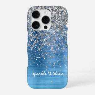 Blue Silver Sparkle Glitter personalised iPhone 16 Pro Case