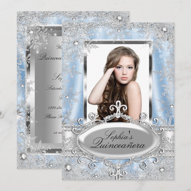 Blue Silver Sparkle Jewel Snowflake Quinceanera Invitation (Front/Back)