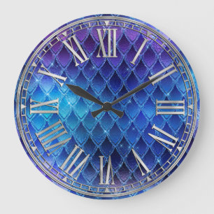 Blue & Silver Sparkles Dragon Scales  Large Clock
