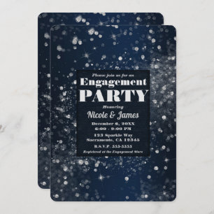 Blue & Silver Sparkling Lights Glam Engagement Invitation