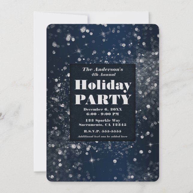 Blue & Silver Sparkling Lights Glam Holiday Party Invitation (Front)