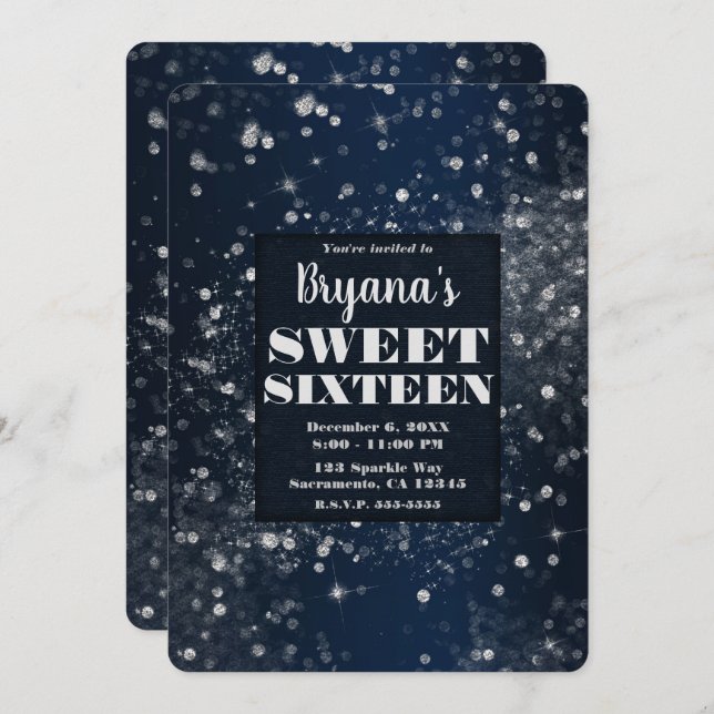 Blue Silver Sparkling Lights Glam Sweet 16 Party Invitation (Front/Back)
