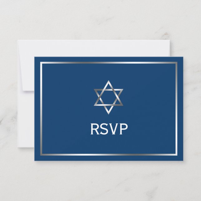 Blue Silver Star of David Bar Mitzvah RSVP Card (Front)