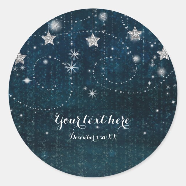 Blue & Silver Starry Night Celestial Stars Favour Classic Round Sticker (Front)