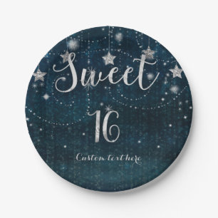 Blue & Silver Starry Sweet 16 Whimsical Party Paper Plate