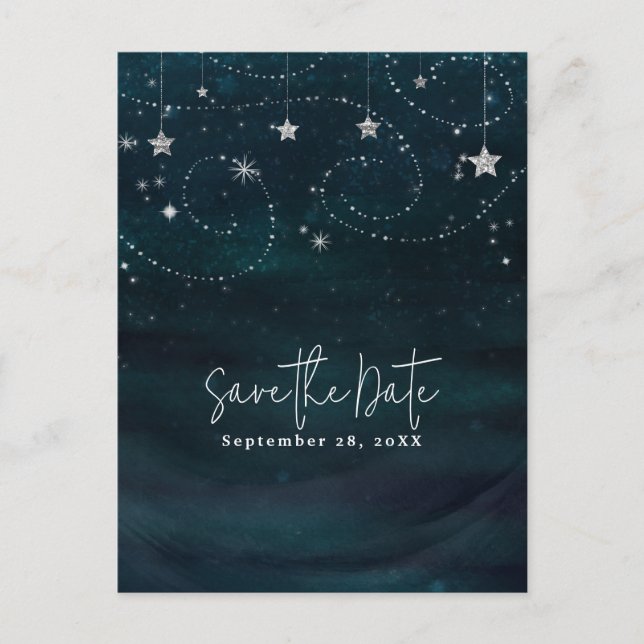 Blue & Silver Starry Whimsical Celestial Announcement Postcard (Front)