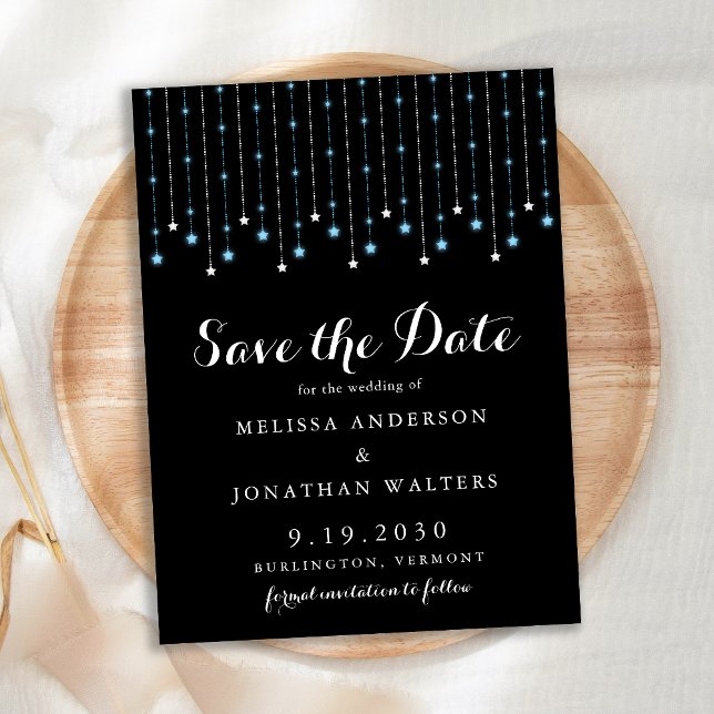 Blue Silver Stars String Lights Save The Date Announcement Postcard (Creator Uploaded)