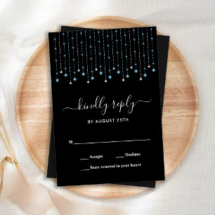 Blue Silver Stars String Lights Wedding RSVP Card