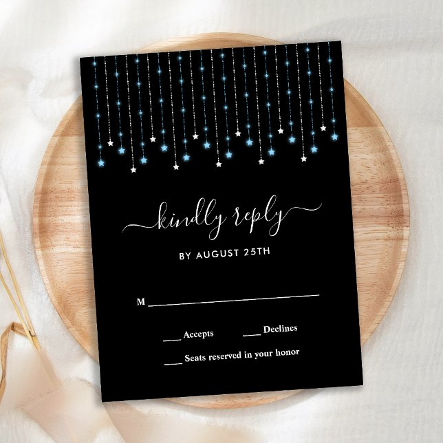 Blue Silver Stars String Lights Wedding RSVP Invitation Postcard (Creator Uploaded)