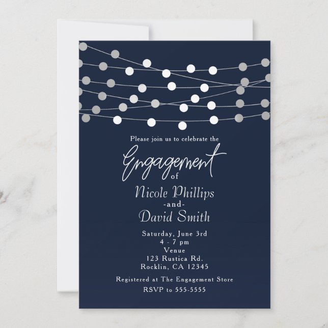 Blue Silver String Lights Modern Chic Engagement Invitation (Front)