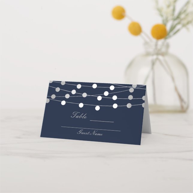 Blue & Silver String Lights Modern Wedding Table Place Card (Back)