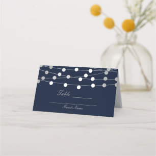 Blue & Silver String Lights Modern Wedding Table Place Card