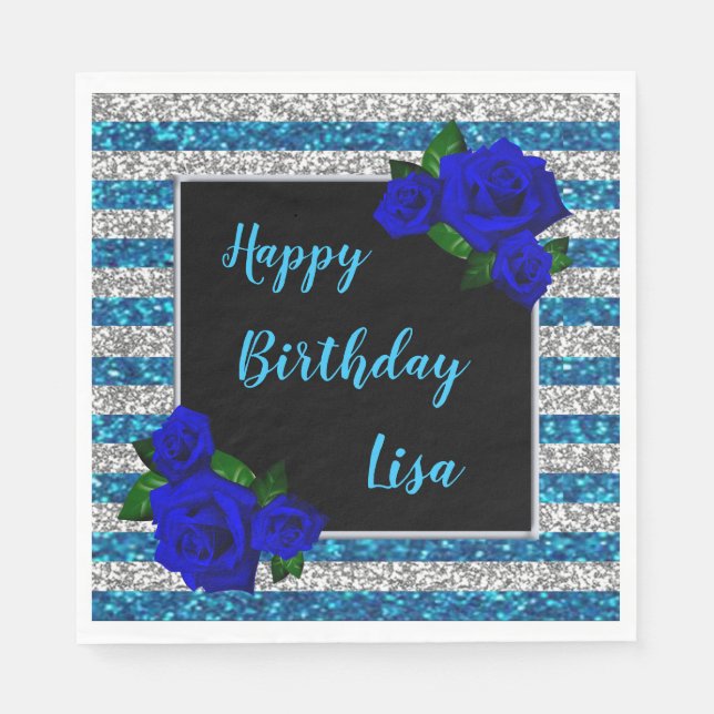 Blue Silver Stripe Glitter Deep Blue Rose Birthday Napkin (Front)