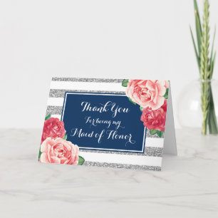 Blue Silver Stripe Pink Thanks Maid of Honour Thank You Card
