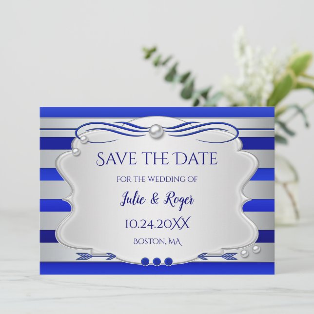 Blue Silver Striped Photo Save the Date Card (Standing Front)
