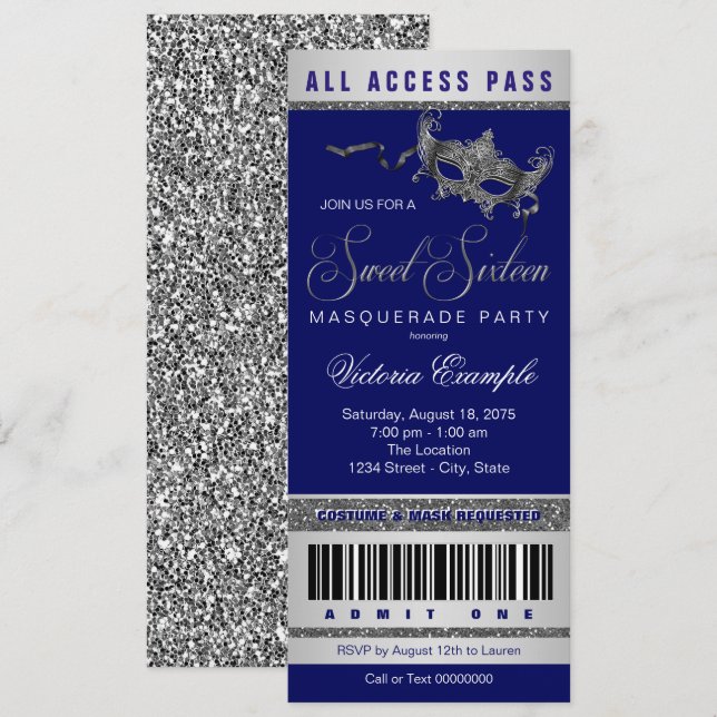 Blue Silver Sweet 16 Masquerade Party Ticket  Invitation (Front/Back)