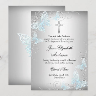 Blue Silver Swirl Butterfly & Cross Baptism Invite