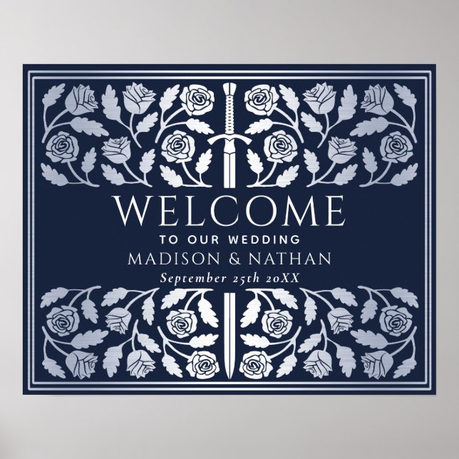 Blue Silver Sword Royal Wedding Welcome Sign (Front)