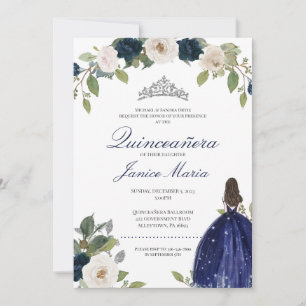 Blue Silver Tiara Floral Elegant Dress Quinceañera Invitation