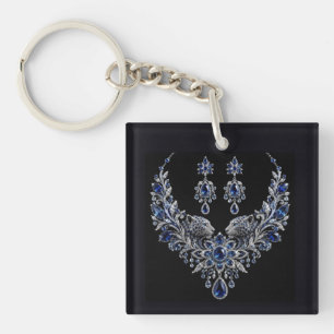 Blue Silver Tiger Crystal Jewellery Set Key Ring