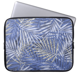 BLUE & SILVER TROPICAL PALM FRONDS LAPTOP SLEEVE