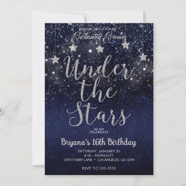Blue Silver Under The Stars Starry Night Sweet 16 Invitation (Front)