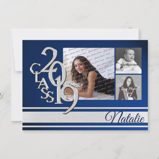 Blue Silver Varsity 2019 Graduation Three Photo Invitation (Front)