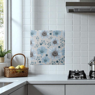 Blue Silver Watercolor Floral Ceramic Tile