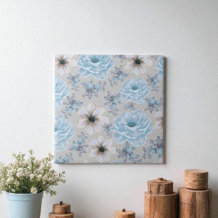 Blue Silver Watercolor Floral Ceramic Tile
