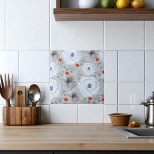 Blue Silver Watercolor Floral Ceramic Tile