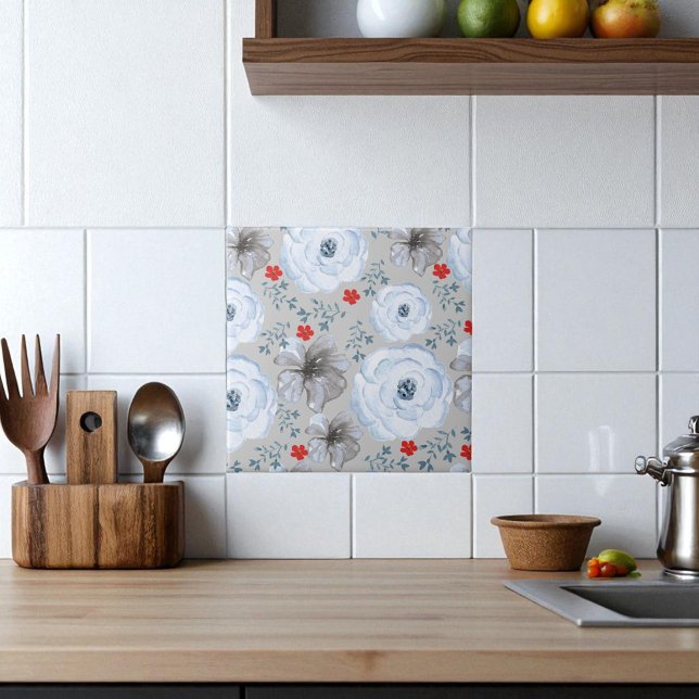 Blue Silver Watercolor Floral  Ceramic Tile (Creator Uploaded)