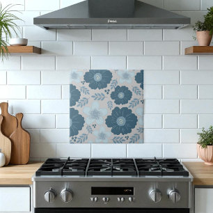 Blue Silver Watercolor Floral Ceramic Tile