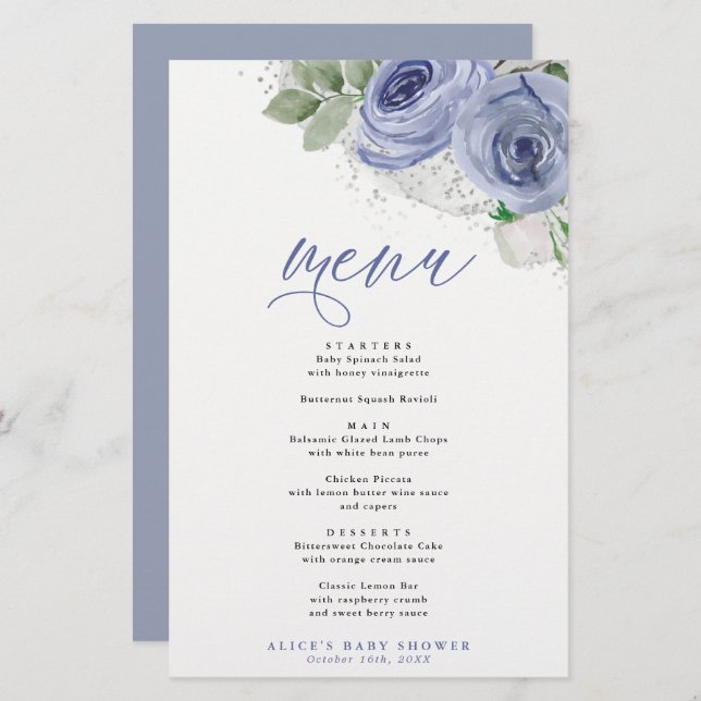 Blue & Silver Watercolor Floral Event Dinner Menu (Front/Back)