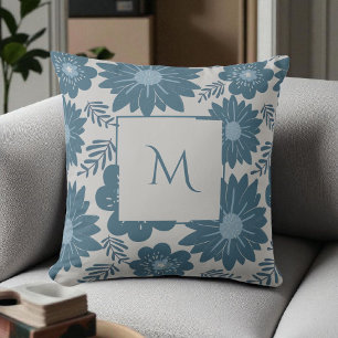 Blue Silver Watercolor Floral Script Cushion