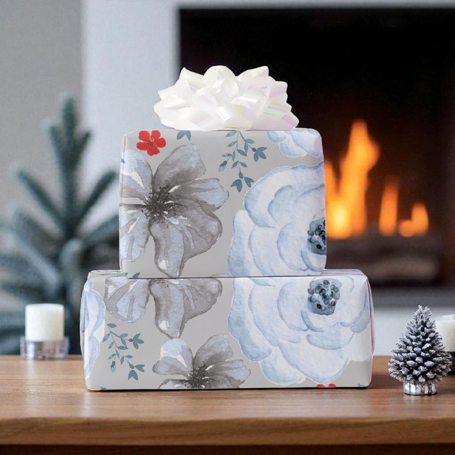Blue Silver Watercolor Floral  Wrapping Paper (Creator Uploaded)