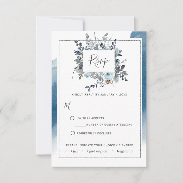 Blue Silver Watercolor with/out Meal Choices RSVP (Front)