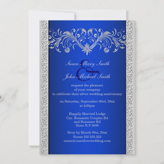 Blue silver wedding anniversary floral invitation (Front)
