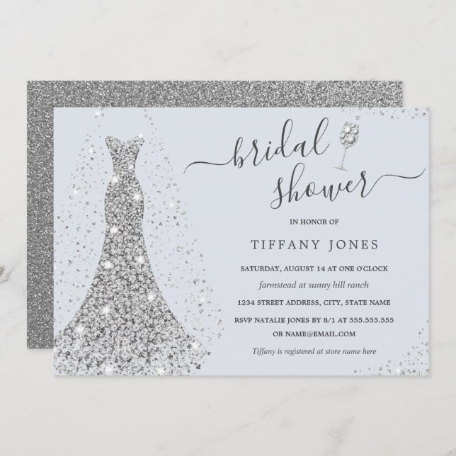 Blue Silver Wedding Dress Sparkle Bridal Shower Invitation (Front/Back)