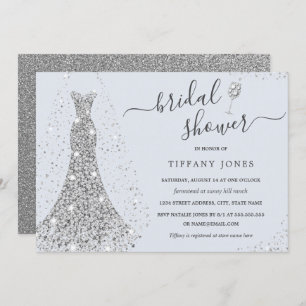 Blue Silver Wedding Dress Sparkle Bridal Shower Invitation