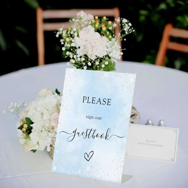 Blue silver wedding guest book pedestal sign (Creator Uploaded)