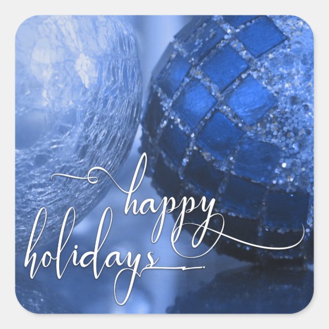 Blue, Silver & White Happy Holidays Greeting Square Sticker (Front)