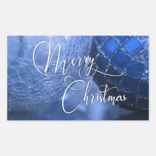 Blue, Silver & White Merry Christmas Greeting Rectangular Sticker