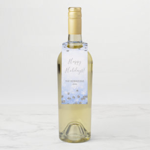 Blue Silver Winter Glitter Happy Holidays Family Bottle Tag