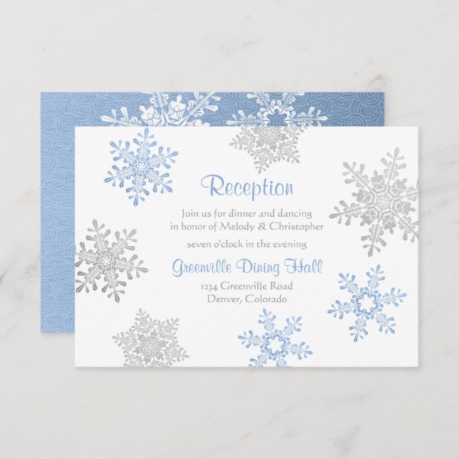 Blue Silver Winter Snowflake Wedding Reception Enclosure Card (Front/Back)