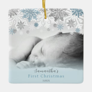 Blue Silver Winter Snowflakes Personalised Baby Ceramic Ornament