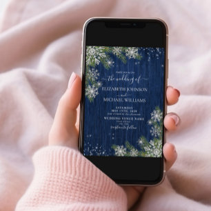 Blue Silver Winter Wood Plaid Rustic Photo Wedding Invitation