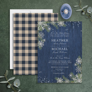 Blue Silver Winter Wood Plaid Rustic Wedding Invitation