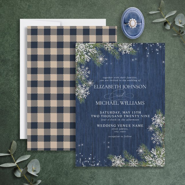 Blue Silver Winter Wood Plaid Rustic Wedding Invitation (Creator Uploaded)