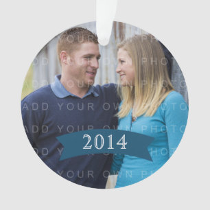 Blue Simple Banner Holiday Photo Ornament